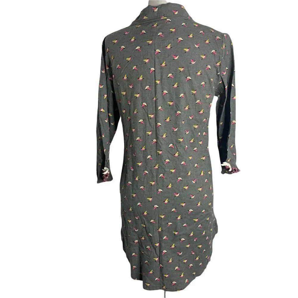 Olsenboyle Bird Print Sleep Shirt M Grey Button Front Pocket Long Sleeve Pajama